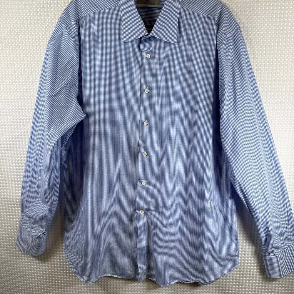 Canali Men's Blue and White Micro Check Cotton Dress Shirt